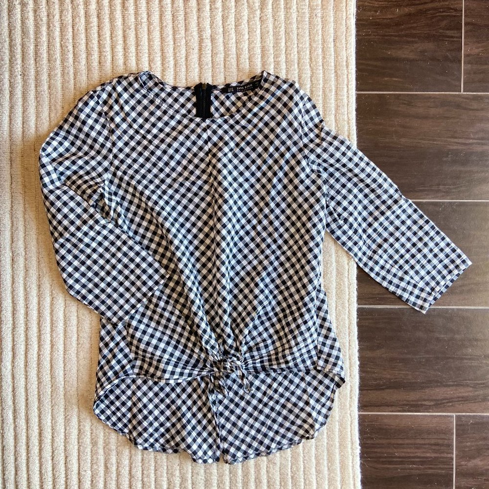 Zara gingham tie-front cotton tunic shirt, Womens size M, EUC